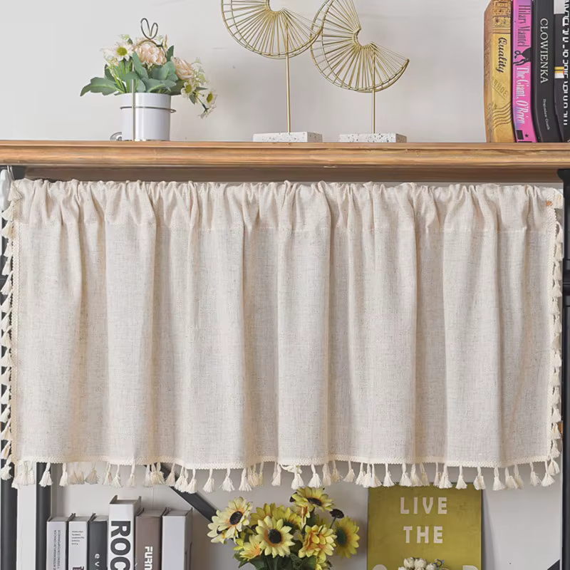 Rideau court à pompons en coton et lin, pour la maison, la cuisine, la chambre à coucher, la baie vi