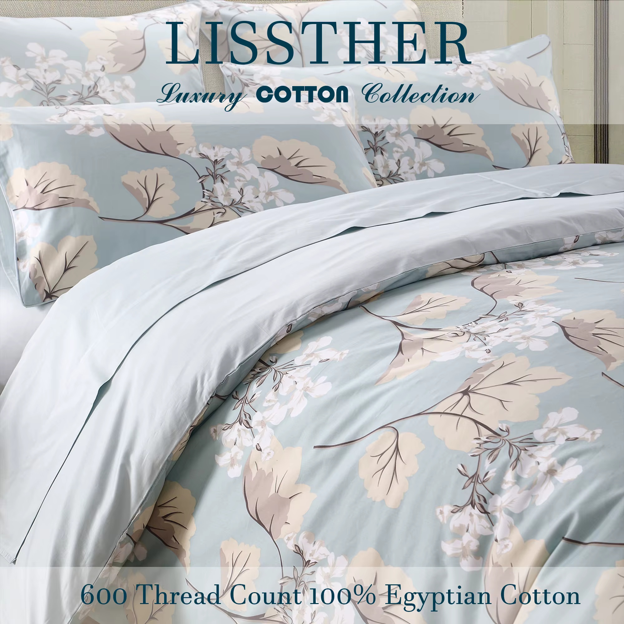 Ensemble de housse de couette 3 pièces 600TC 100% coton égyptien, feuilles de luxe bleues florales, 