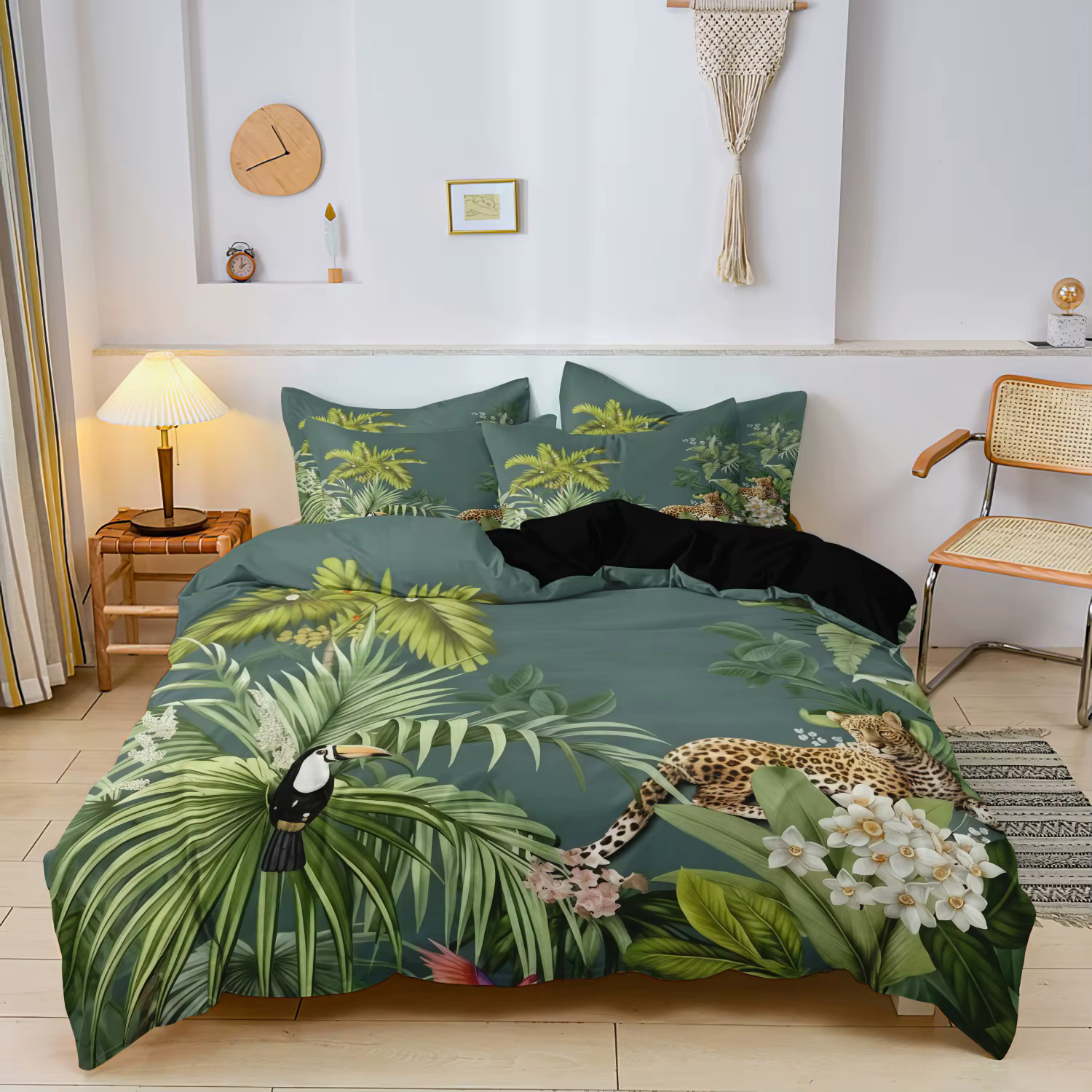 Ensemble de housse de couette 3 pièces, motif de guépard tropical de la forêt tropicale - Impression