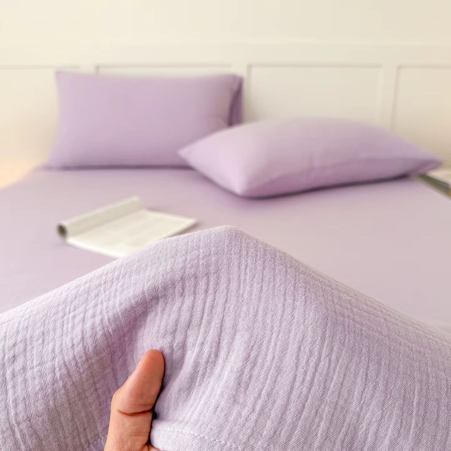 Drap plat en gaze froissée couleur unie, taille double/queen/king, couvre-lit confortable, style sim