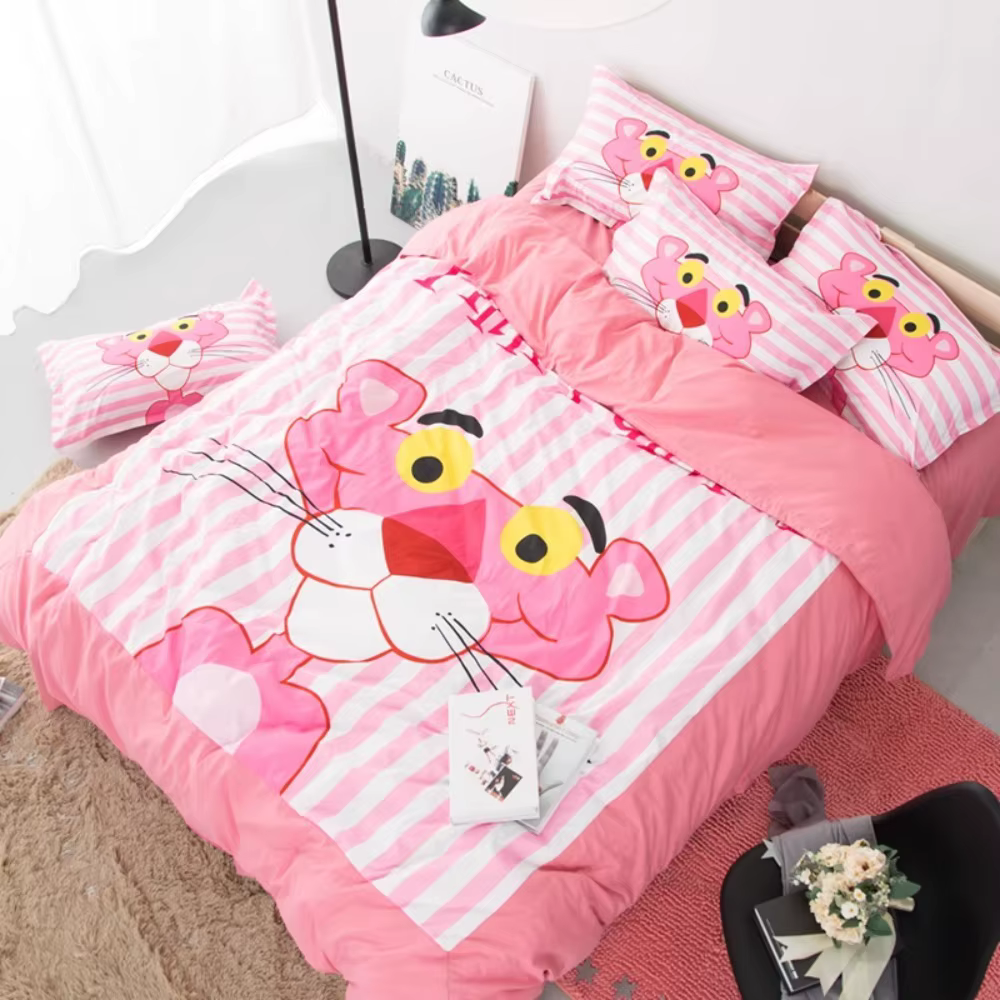 Housse de couette léopard rose dessin animé, cadeau d'anniversaire pour enfants avec fermeture éclai