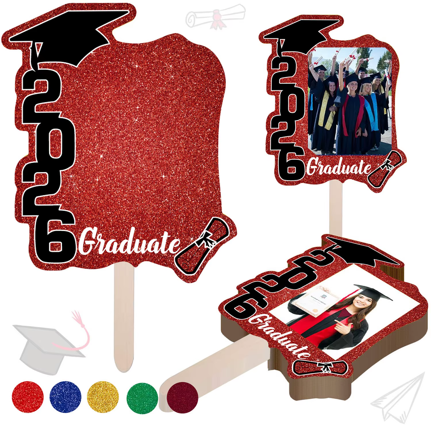 1 ensemble (12 pièces) de fans de graduation 2026, avec autocollants photo, cartes à tenir à la main