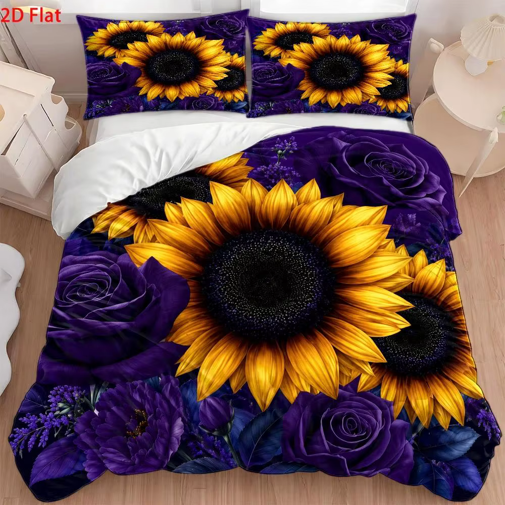 Ensemble de housse de couette imprimée tournesol violet 3 pièces, ensemble de literie trois pièces (