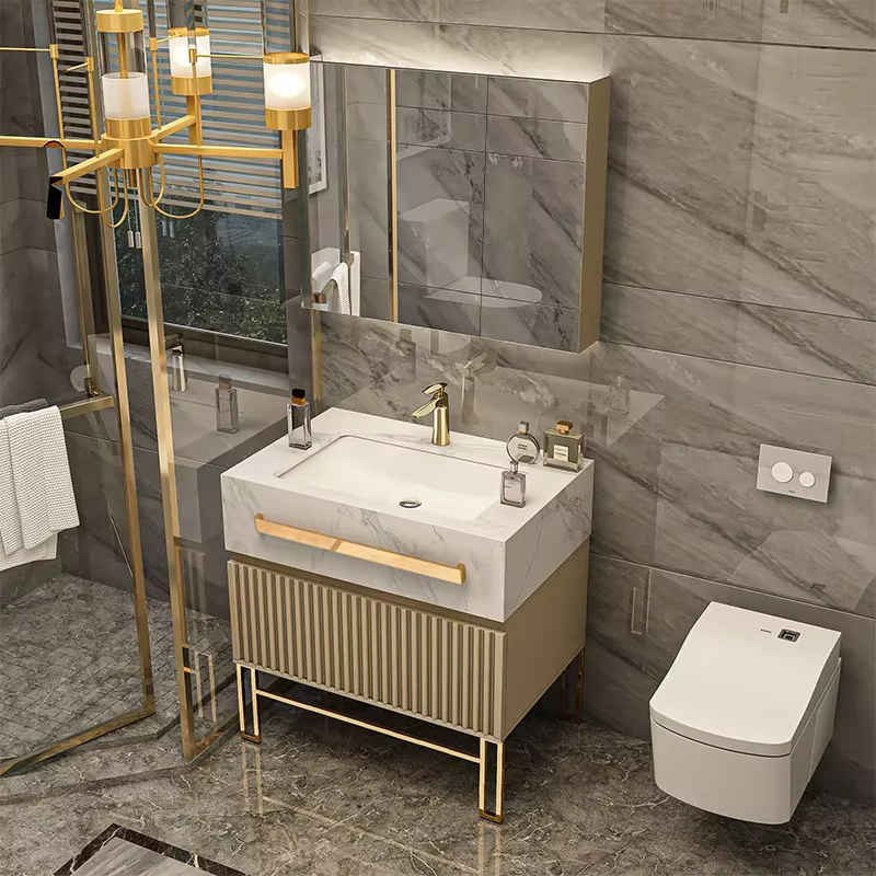 Meuble-lavabo de salle de bain de luxe avec vasque simple/double en céramique, meuble-lavabo intelli