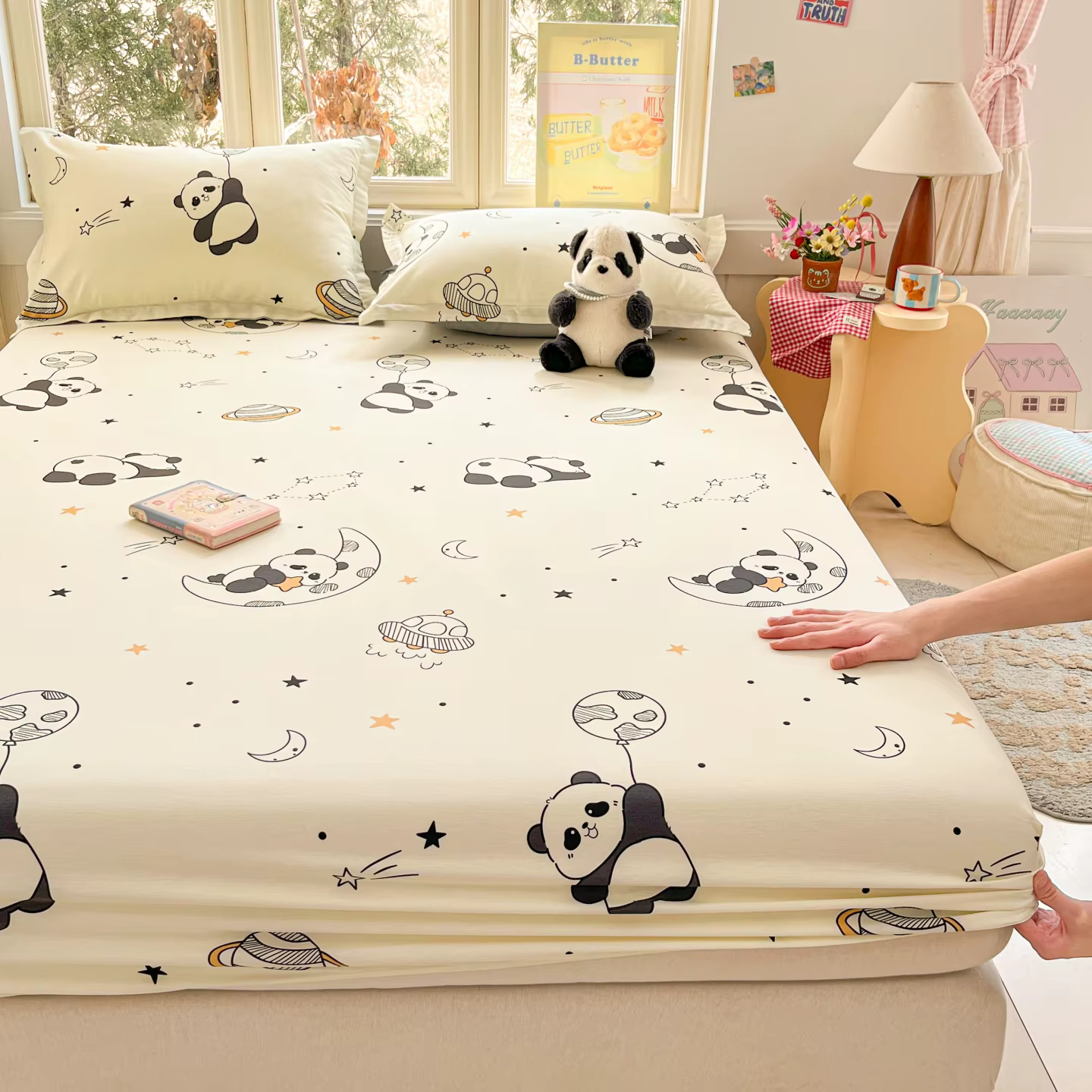 Draps-housses en coton 100% motif Panda de dessin animé, taille King Queen, housse de matelas antidé