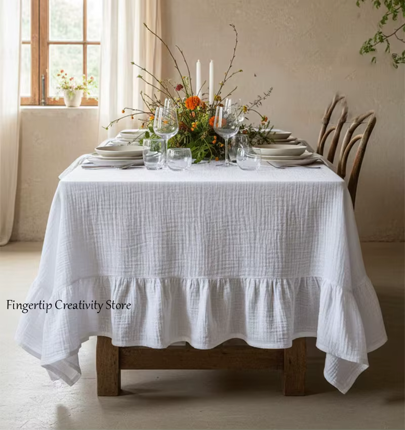 Nappe en mousseline à volants, 100% coton double gaze, nappe de table style ferme, nappe de table de