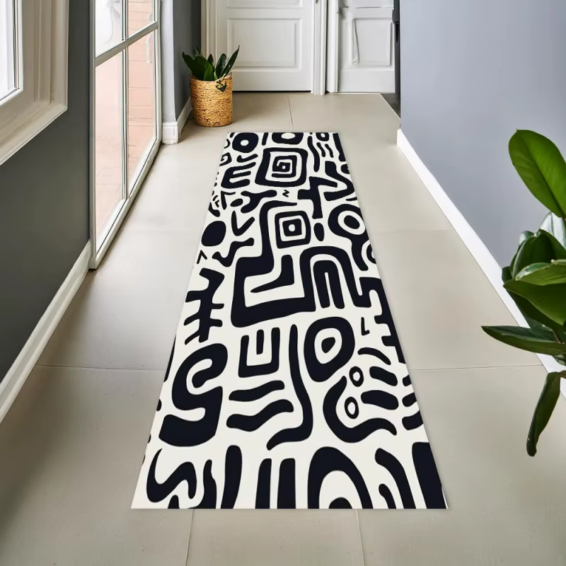 Tapis de couloir long noir et blanc, tapis antidérapant, tapis de cuisine moderne à imprimé géométri