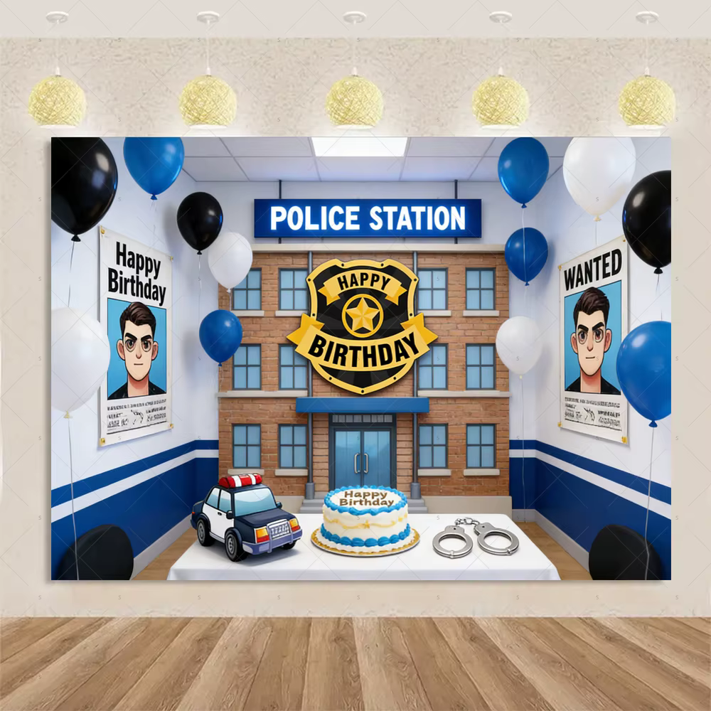 Décorations de fête d'anniversaire sur le thème de la poste de Police, arrière-plan, fournitures de 