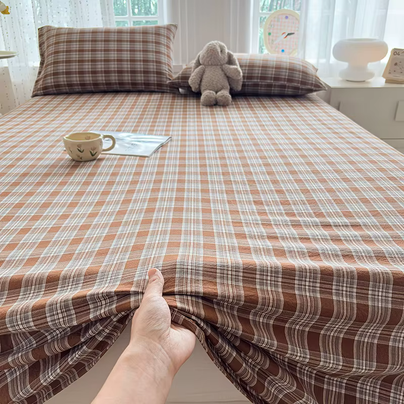 Drap plat en coton 100% teint en fil, à carreaux lavés, style rétro, doux et respirant, résistant au