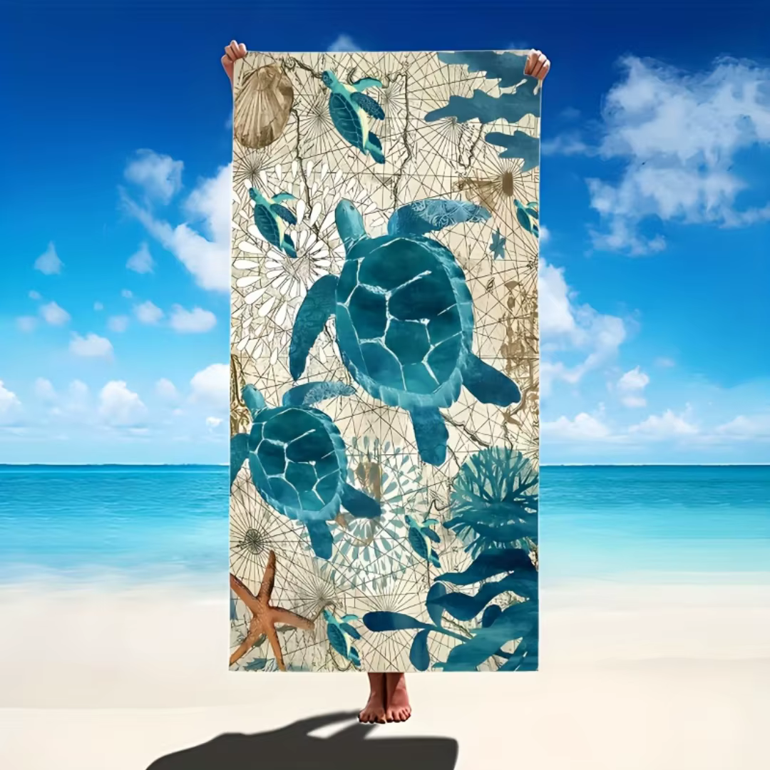 Serviette de plage tortues et créatures marines, protection solaire à motifs et coupe-vent, adaptée 