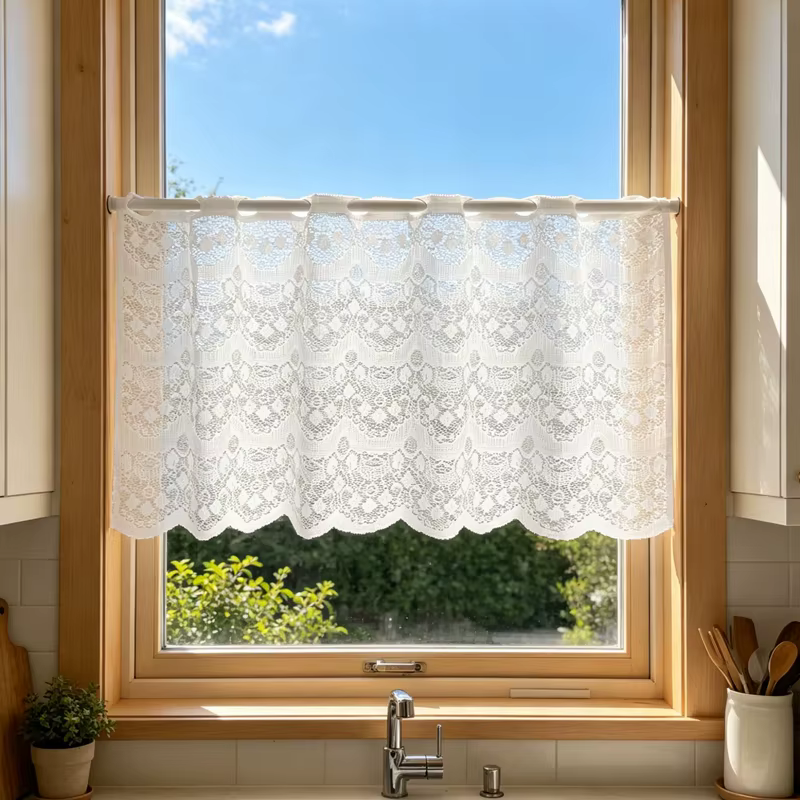 Rideaux en dentelle style campagnard frais, mi-longs, à ourlet ondulé, sans trous perforés, pour une