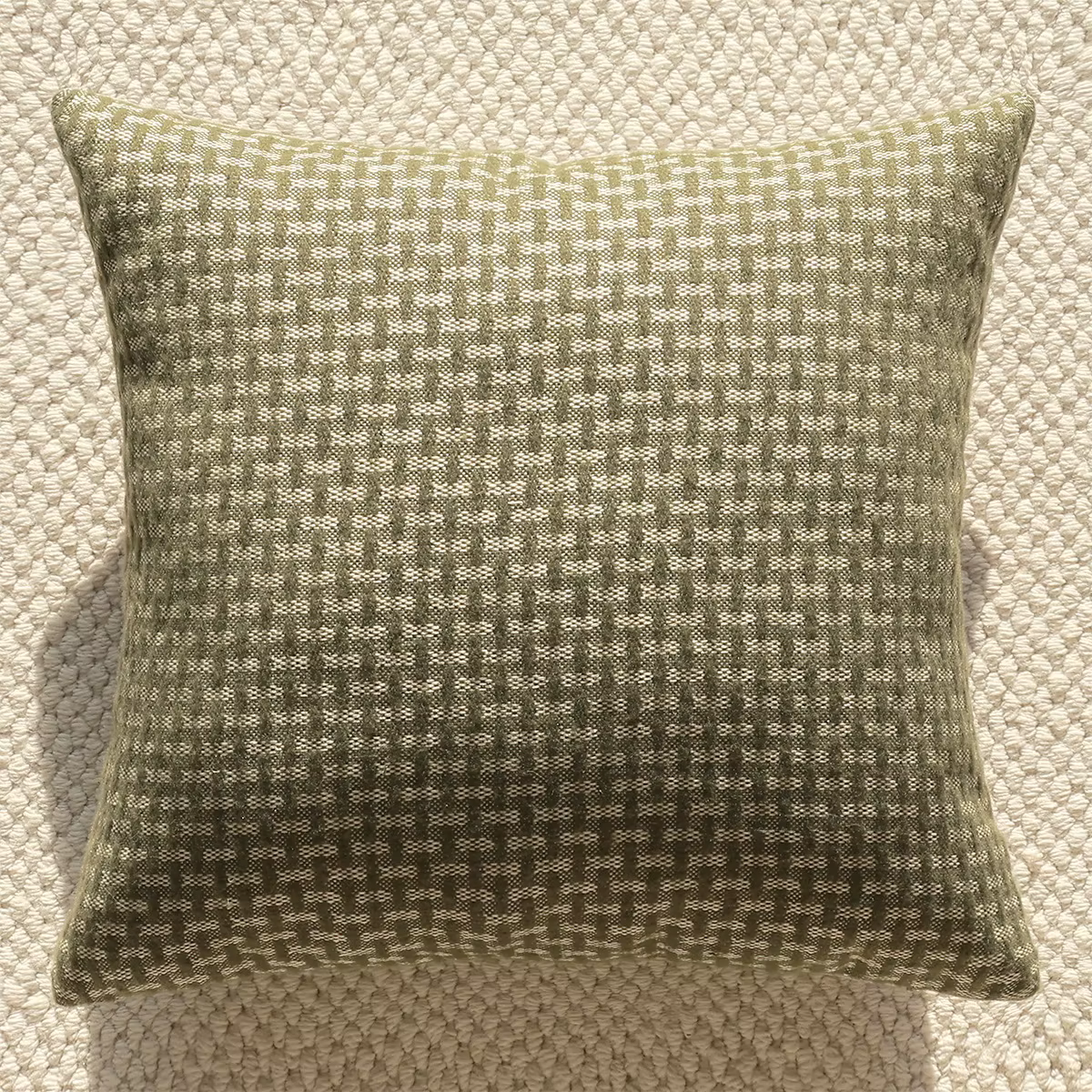 Housse de coussin rétro de luxe en fausse fourrure, motif grille verte et feuilles, avec bordure en 