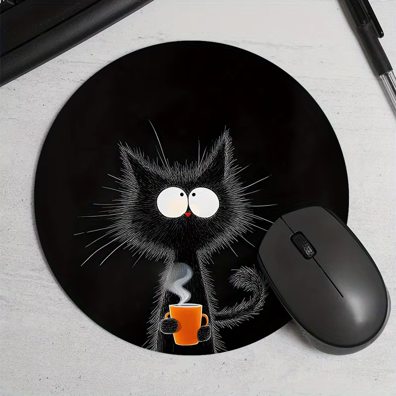 Tapis de souris rond chat noir, en caoutchouc antidérapant, Durable, pour bureau, jeu, configuration