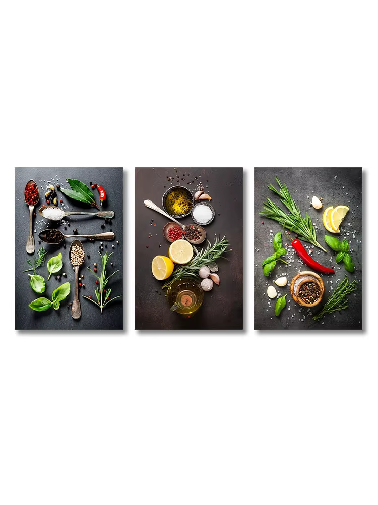 Mélange d'herbes et d'épices sur toile, 3 pièces, thème de cuisine, affiche d'art impressionniste, p