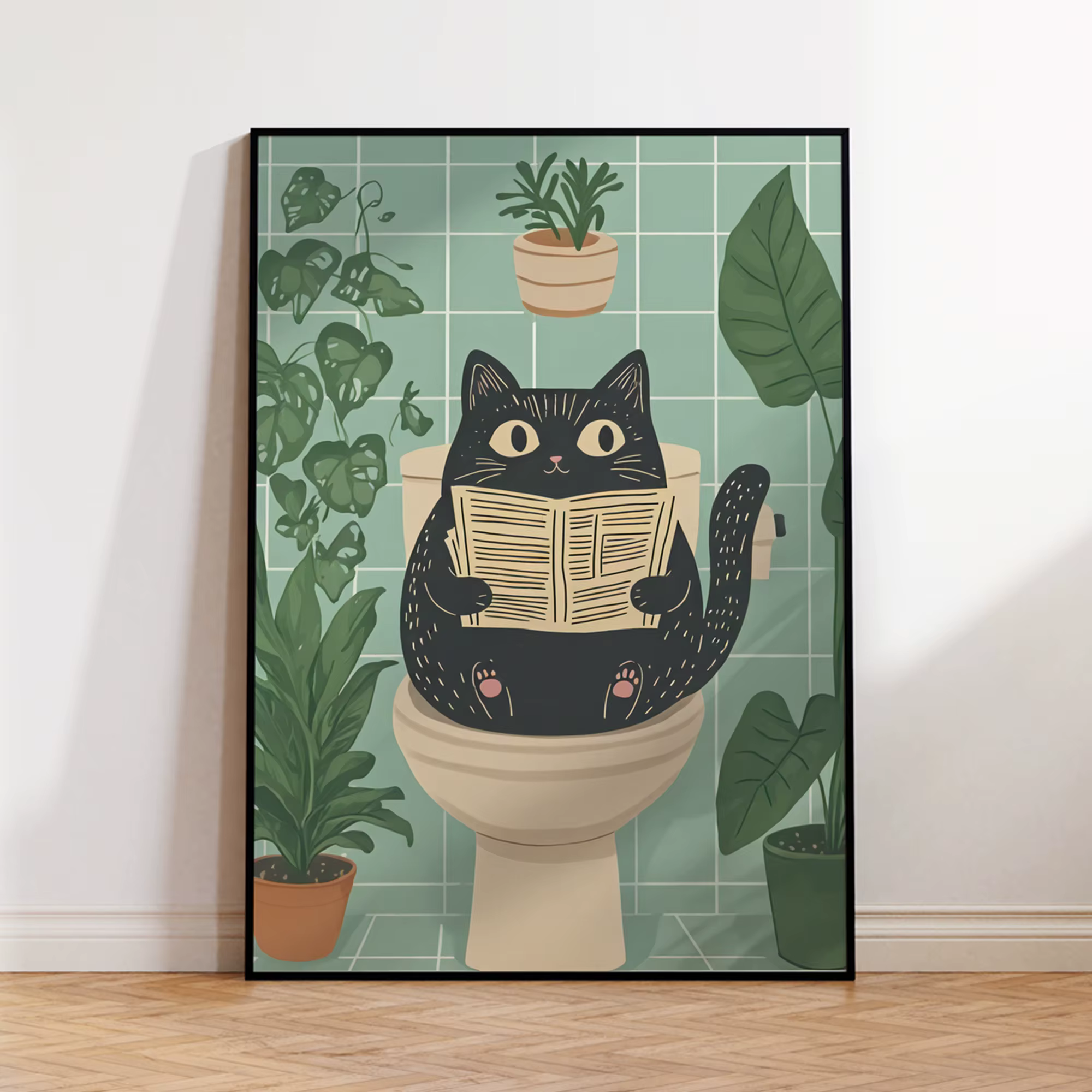 Un drôle mural de chat de salle de bain, associé à des plantes et des fleurs, est parfait pour décor