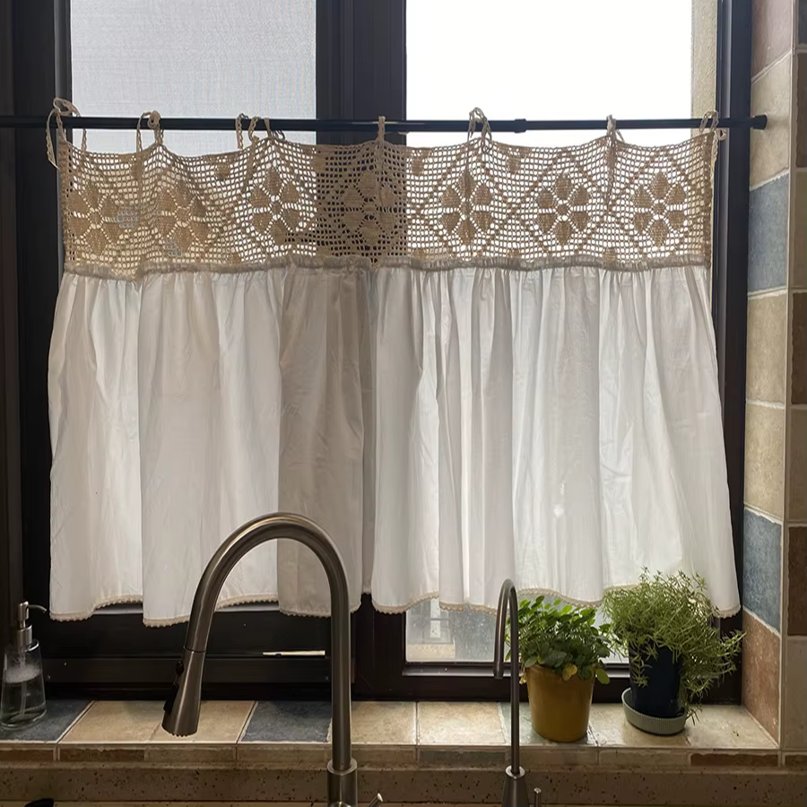 Rideaux en fil de lin blanc de campagne française, couture au crochet creux, demi-rideau, ULen dente