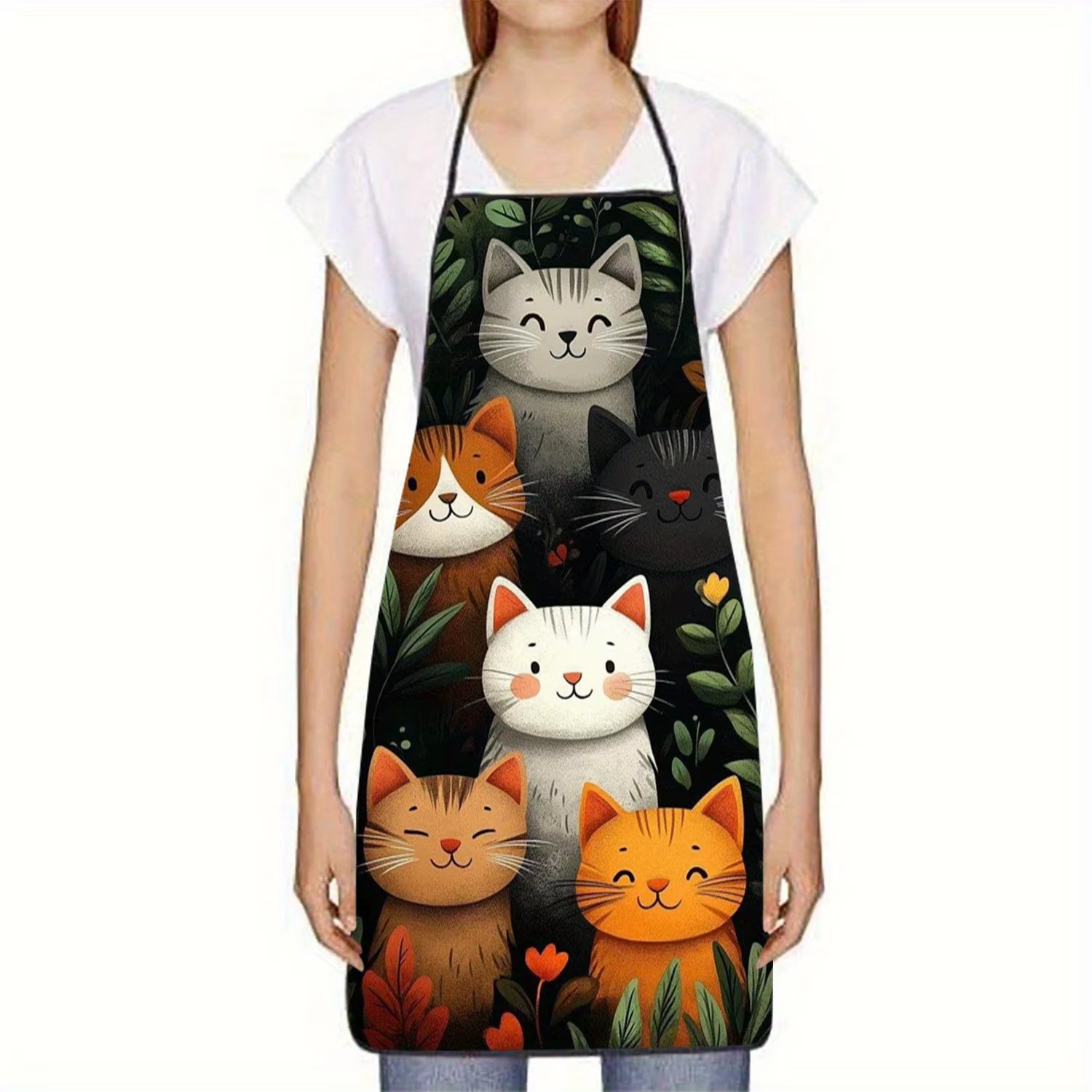 Tablier en polyester à motif de chat mignon, chats de dessin animé vibrants avec coeurs et étoiles, 