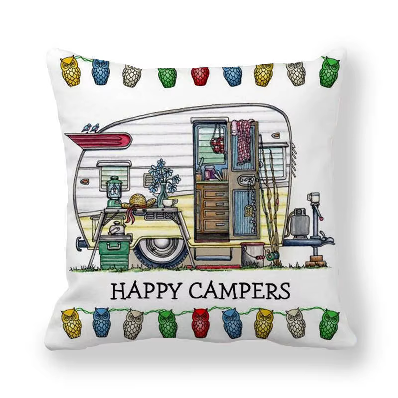 Happy Campers – housse de coussin de voiture, hibou, oreiller de Camping en plein air, canapé décora