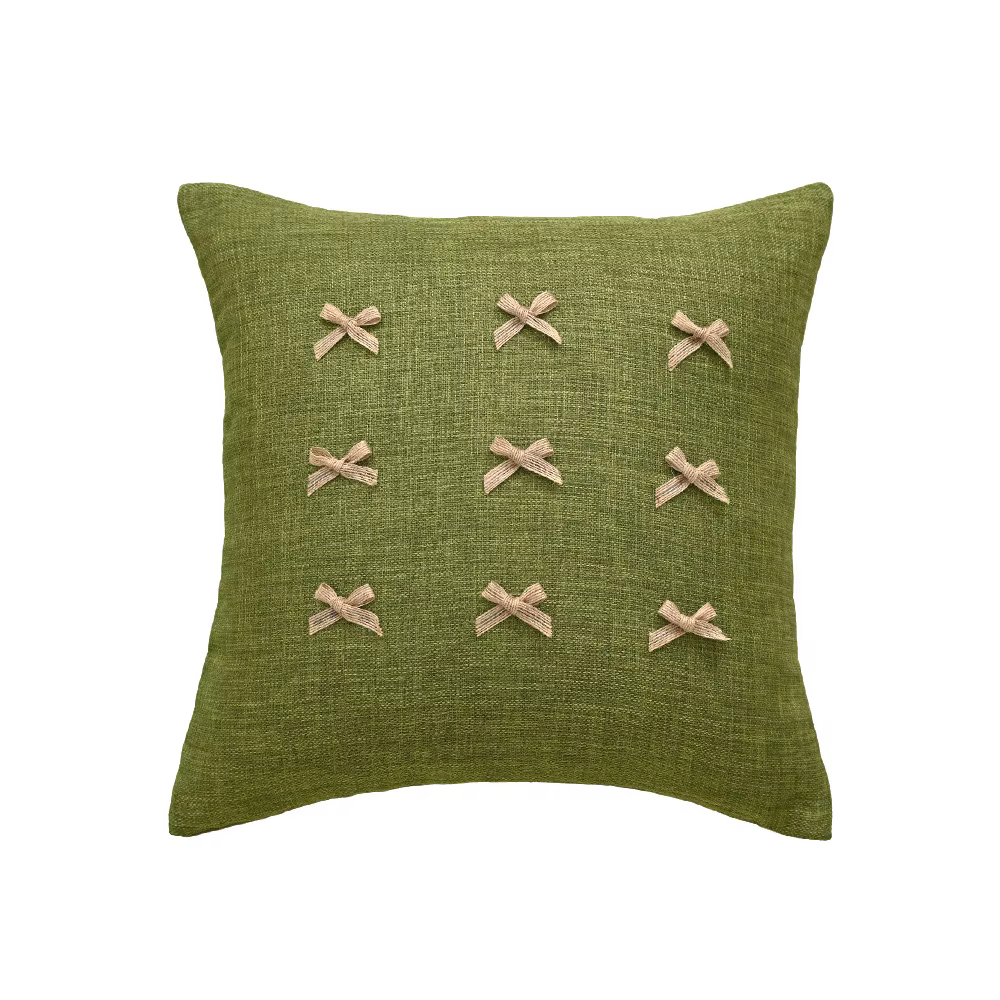 Housse de coussin brodée motif chat vert, avec nœud floral et volants, pour canapé et lit, décoratio