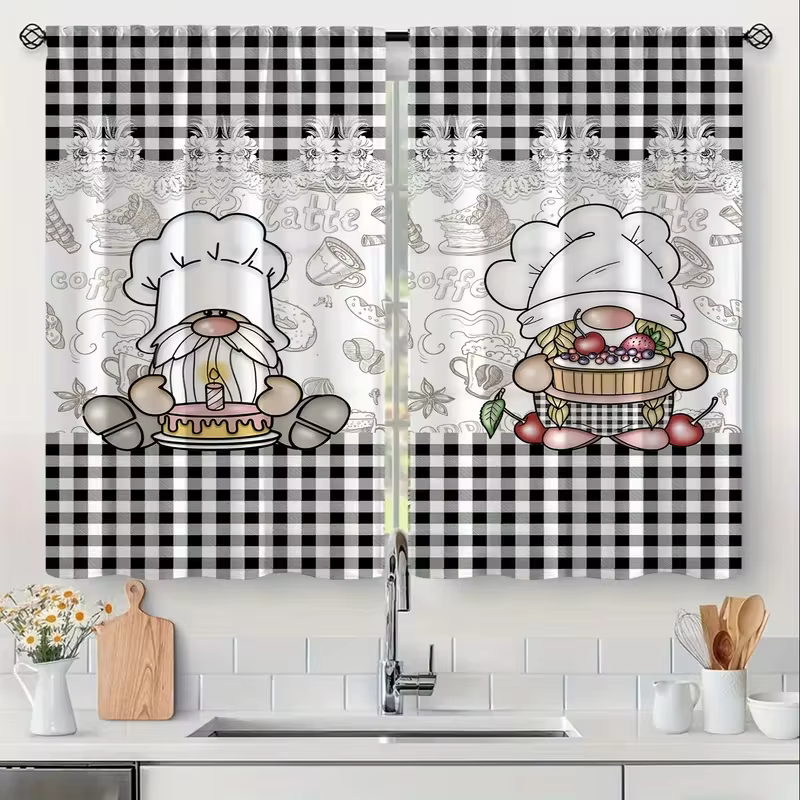 Rideaux de cuisine 2 pièces - Imprimé écossais noir et blanc pour la décoration de la cuisine et du 