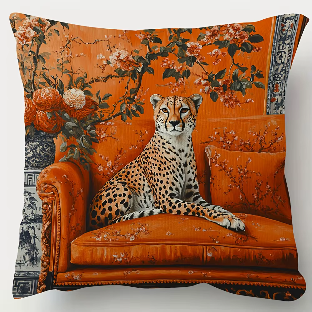 1 housse de coussin décorative élégante motif guépard en chinoiserie orange, 18x18 pouces, en peluch