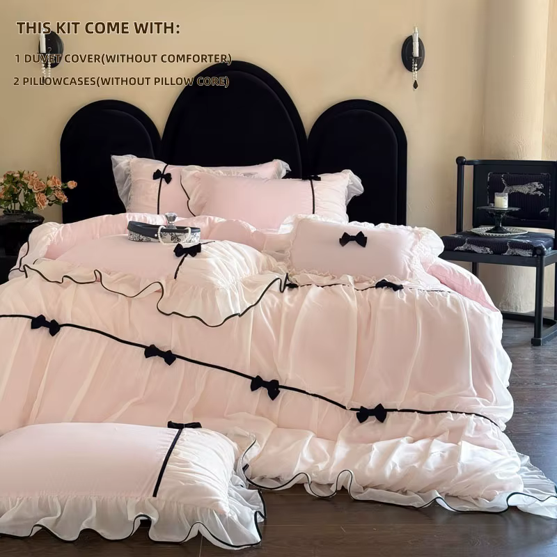 Ensemble de housse de couette rose à nœuds (1 housse de couette + 2 taies d'oreiller, sans garnissag