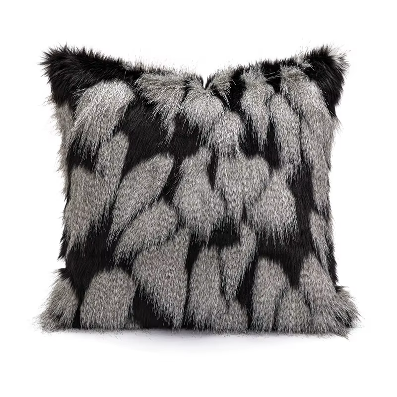 Housse de coussin luxueuse en peluche longue, en fausse plume noire et grise, taie d'oreiller modern