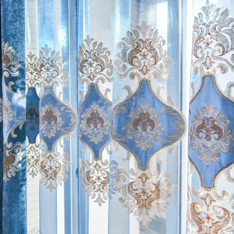 Rideaux en voile brodé de Chenille bleue, pour salon, salle à manger, chambre à coucher, écran de fe