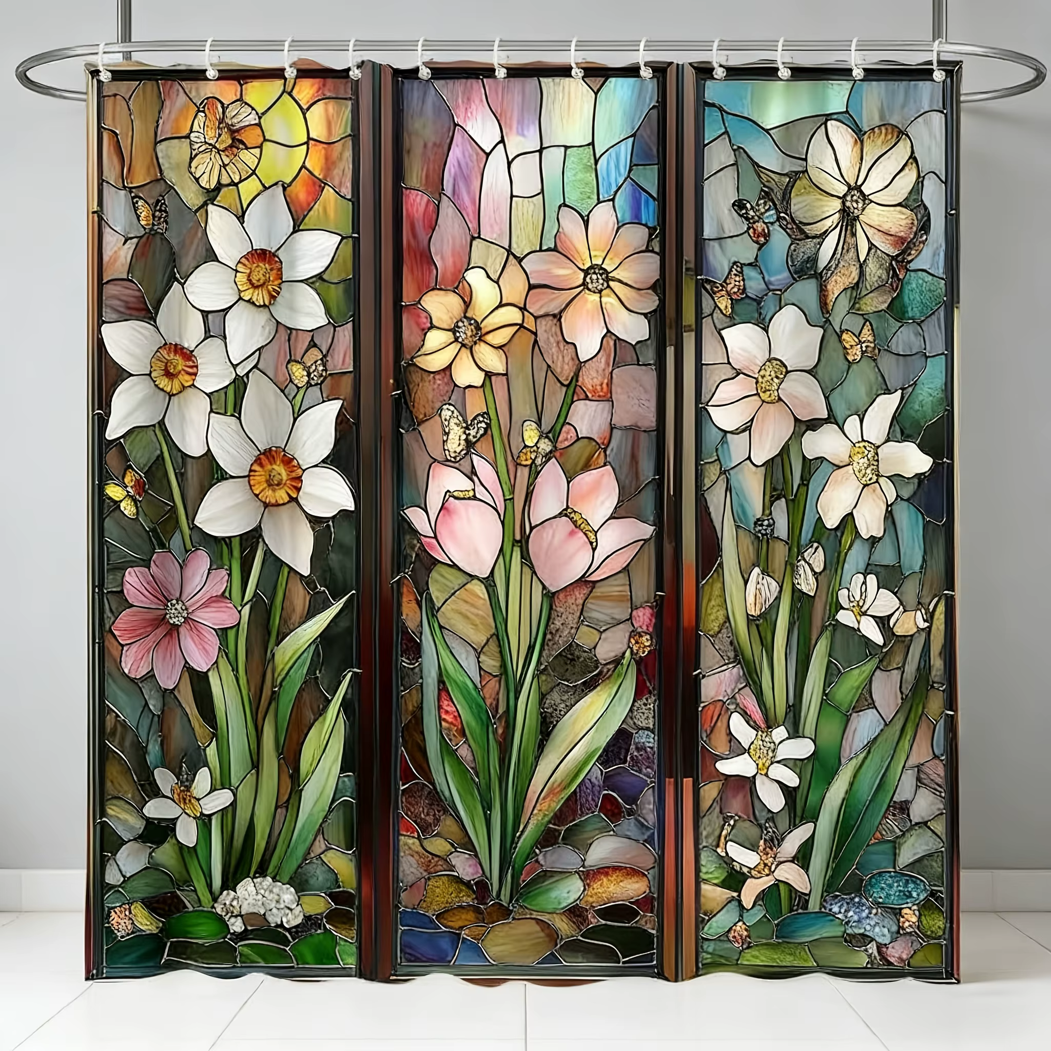Rideau de douche floral en verre teinté 72x72 en polyester lavable avec crochets, décoration de sall
