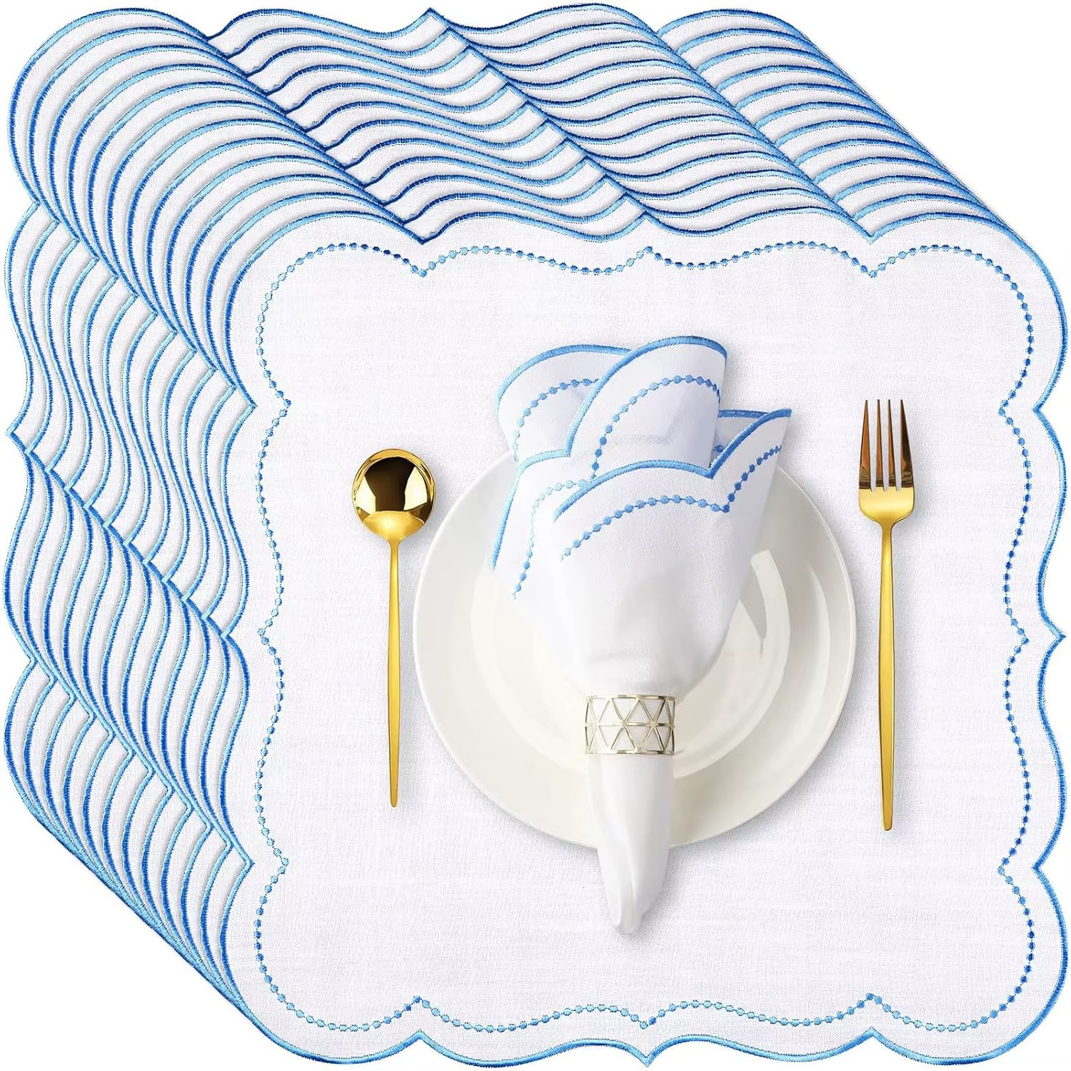Lot de 10 serviettes en tissu coton et lin, résistantes aux rides, festonnées, brodées, pour mariage
