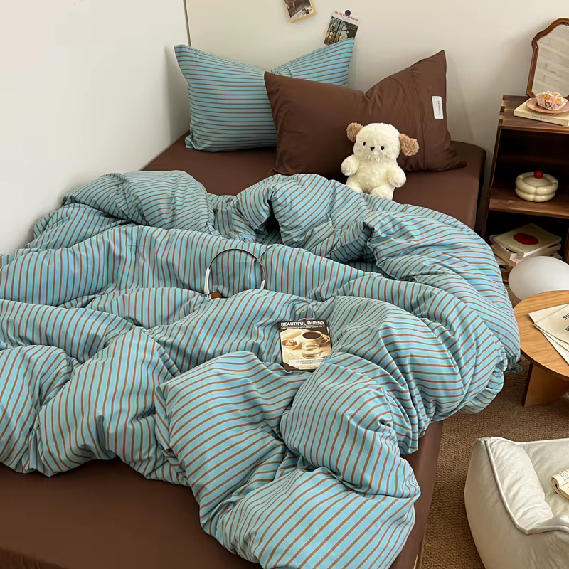 Ensemble de literie INS Style à rayures bleues, housse de couette, taie d'oreiller avec drap de lit,