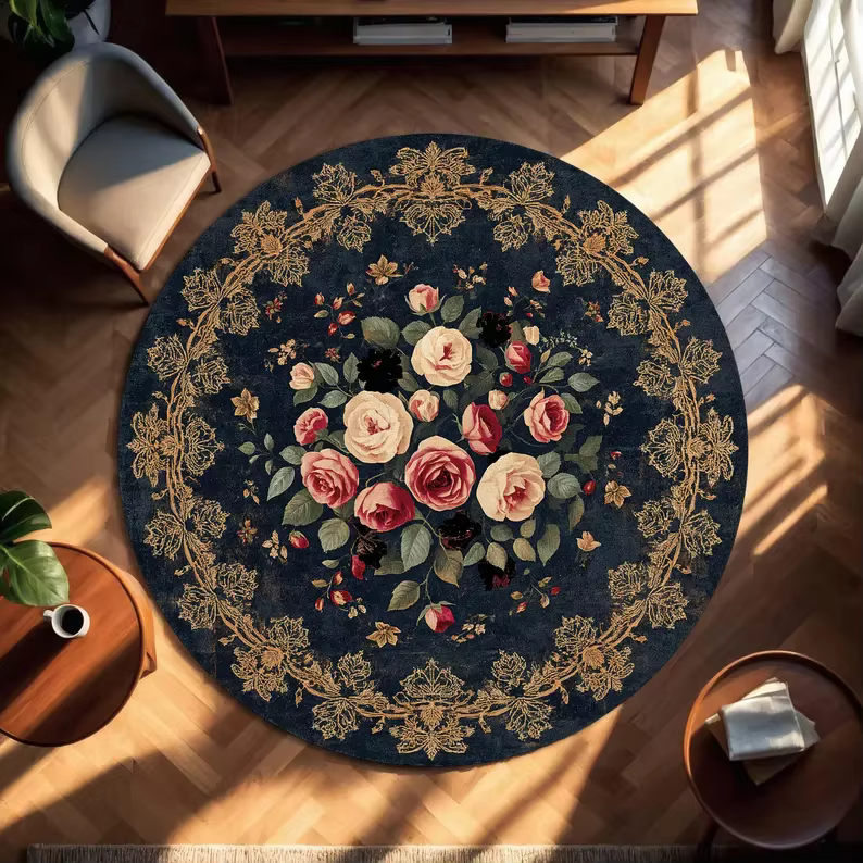 Tapis rond motif rose rouge, tapis antidérapant, tapis rond en peluche, tapis doux antidérapant pour