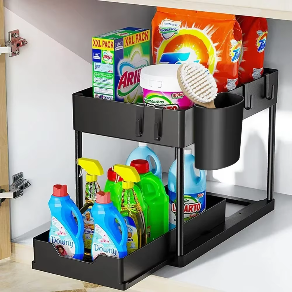 Panier de rangement coulissant sous évier à 2 niveaux, support organisateur multifonctionnel avec cr