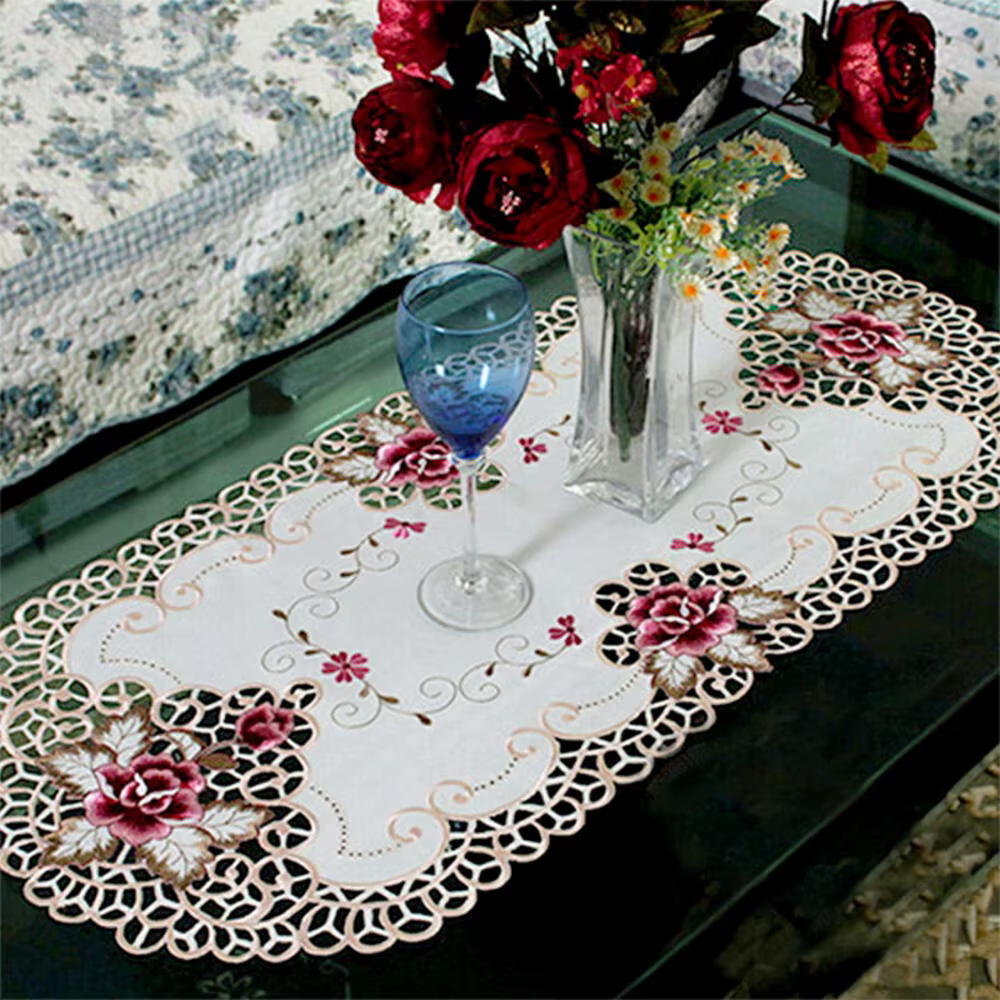 Nappe ovale blanche en Satin et dentelle, 16x33 pouces, napperon brodé à fleurs, petite couverture d