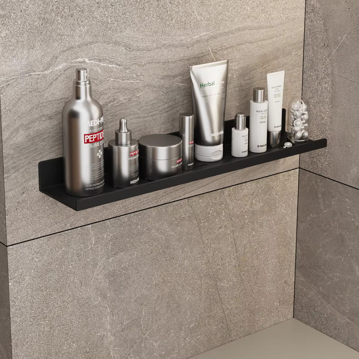 Étagère de salle de bain, étagère murale non perforée pour rangement et finition, gris/noir/blanc 30