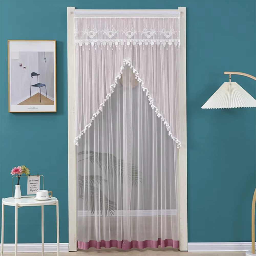 Rideau de porte double couche en dentelle transparente brodé, respirant, anti-moustiques, anti-paras