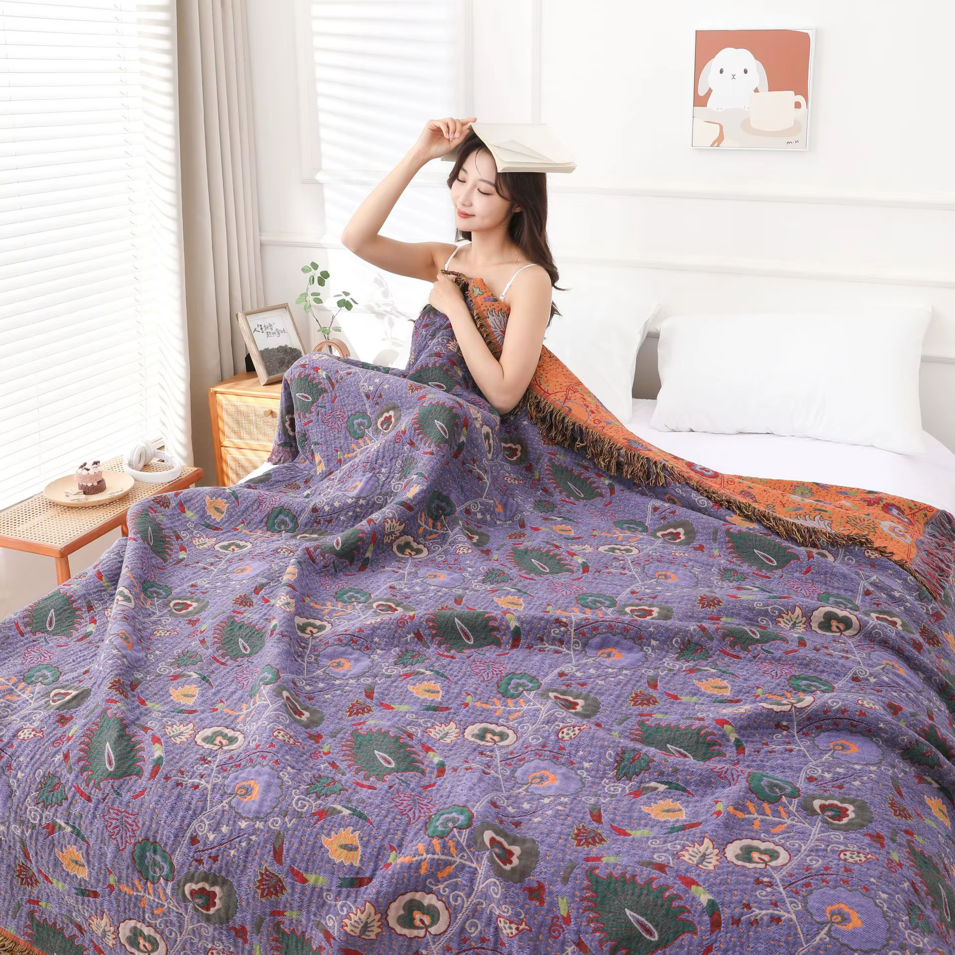 Couverture de serviette en coton de gaze florale, couvre-lit sur le canapé, Jacquard, 230*250 cm, 20