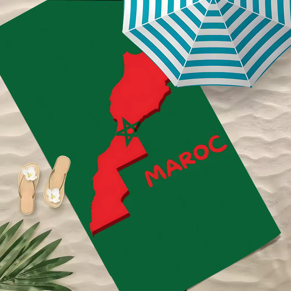 Serviette de plage en polyester à séchage rapide, sans sable, avec drapeau et carte du Maroc, idéale