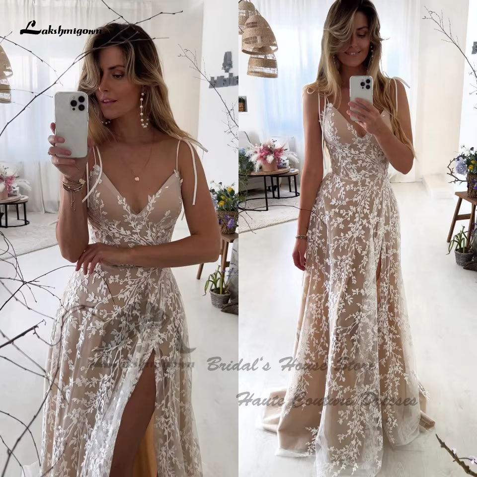 Robes de mariée bohèmes vintage en dentelle champagne Lakshmigown 2026, fente latérale haute, sexy, 