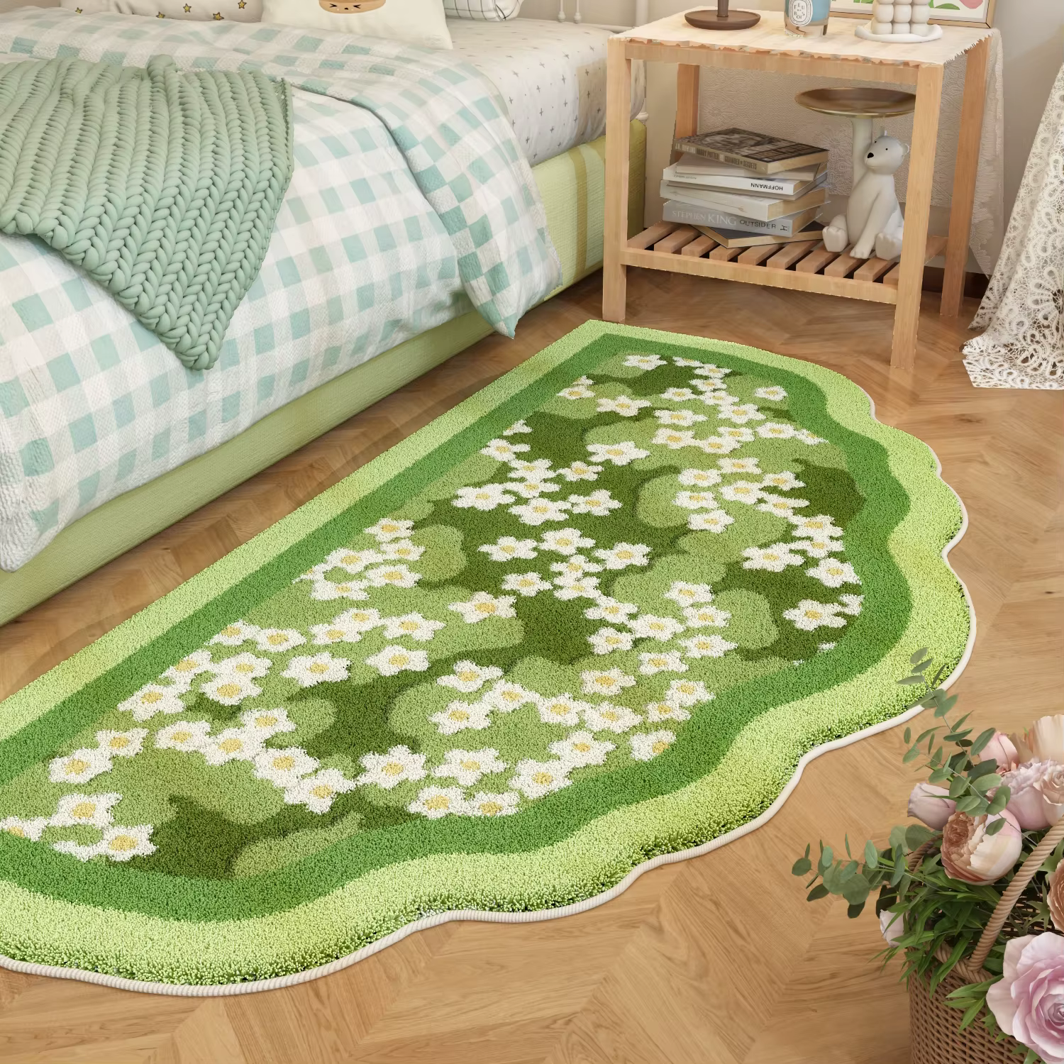 Tapis vert épais en peluche pour décoration de salon, Style frais, pour chambre à coucher, formes ir