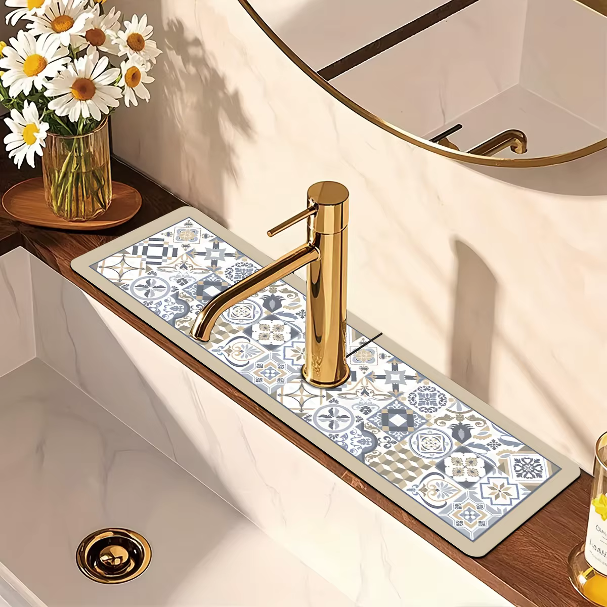 Tapis d'évier VIKAMA bleu et or à motif floral vintage – Tapis absorbant antidérapant et à séchage r