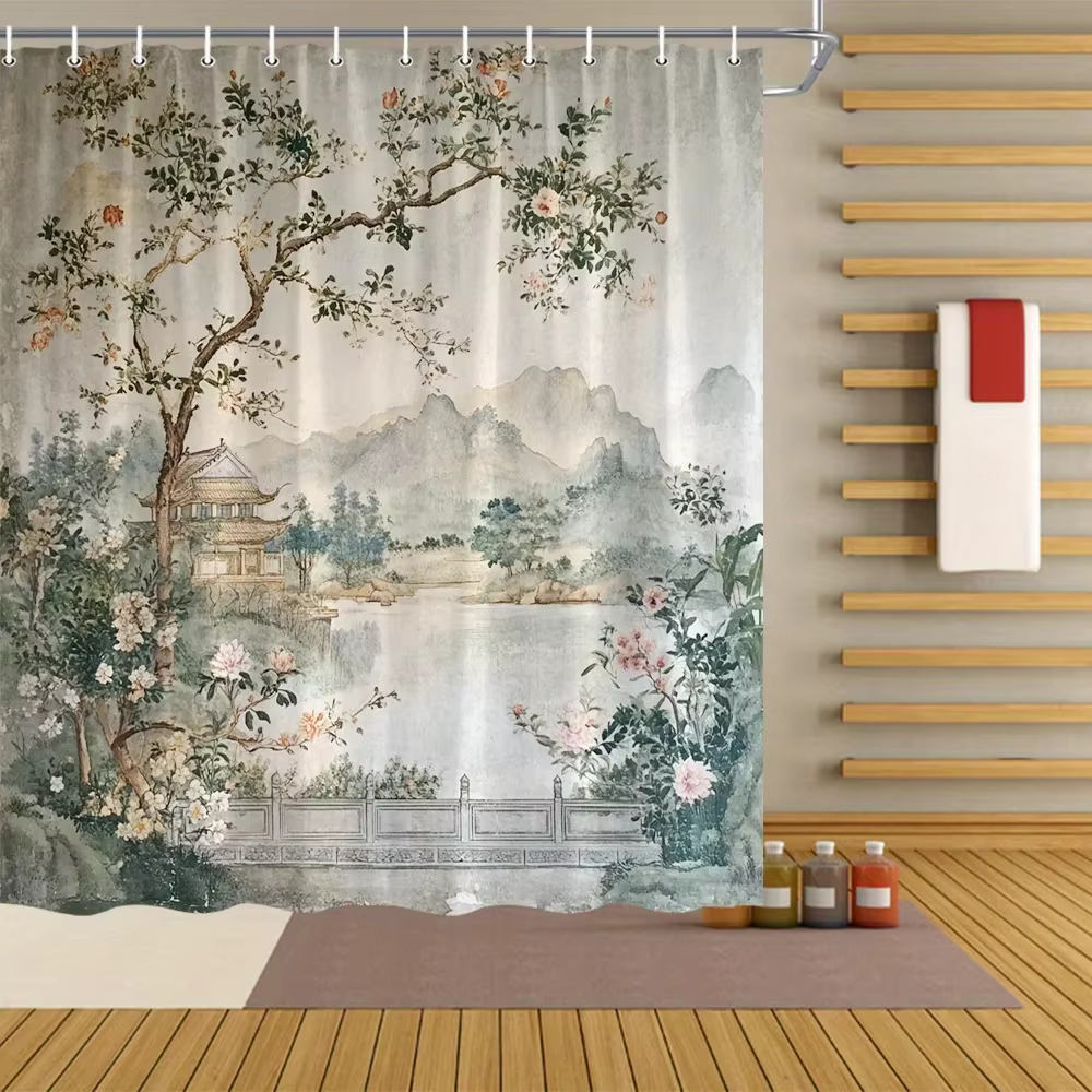 Rideau de douche de montagne en forêt, cascade scénique, Art de paysage traditionnel chinois avec fl