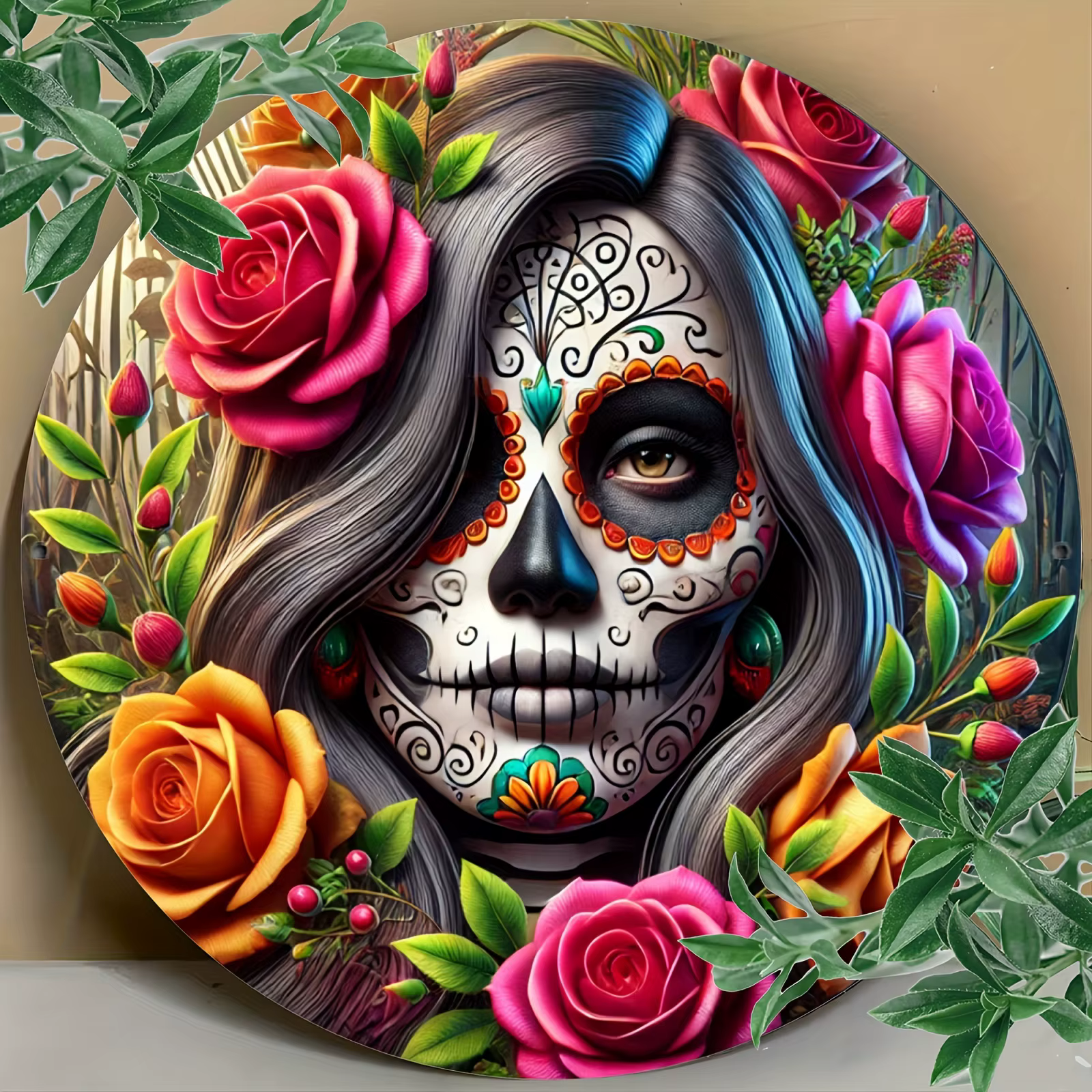 Panneau mural en bois avec crâne de fleur du jour des morts, décoration ronde en aluminium, avec ros