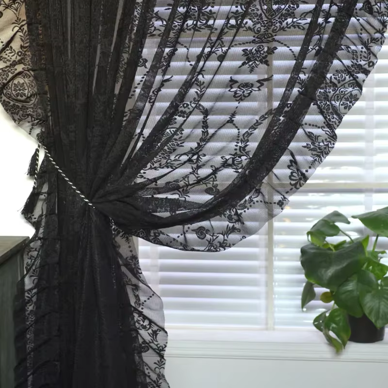 Rideaux transparents en dentelle à volants noirs pour cuisine, perles de cristal de ferme, maille, f