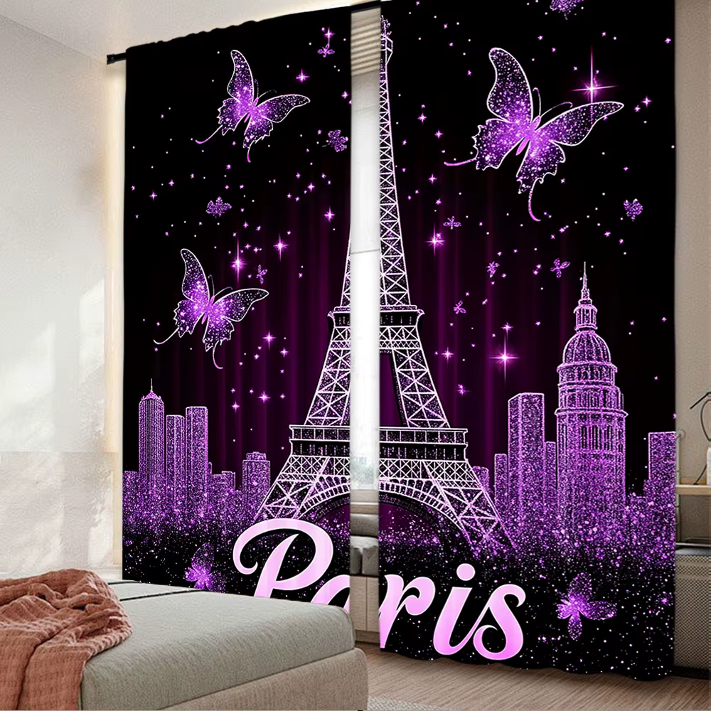 Rideaux tour Eiffel de Paris pour adultes, 2 pièces, fleurs papillon, mode violet romantique, adapté