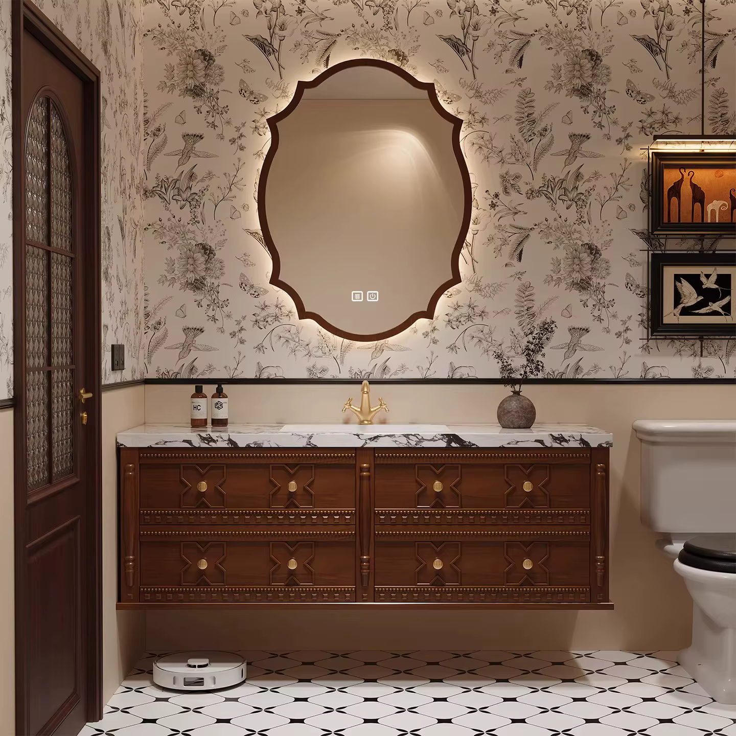 Meuble-lavabo de salle de bain de style français couleur crème avec vasque en céramique intégrée pou