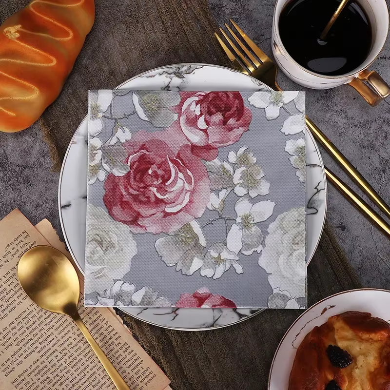 Grands serviettes en papier imprimées de fleurs, serviettes colorées, faites à la main, en papier po