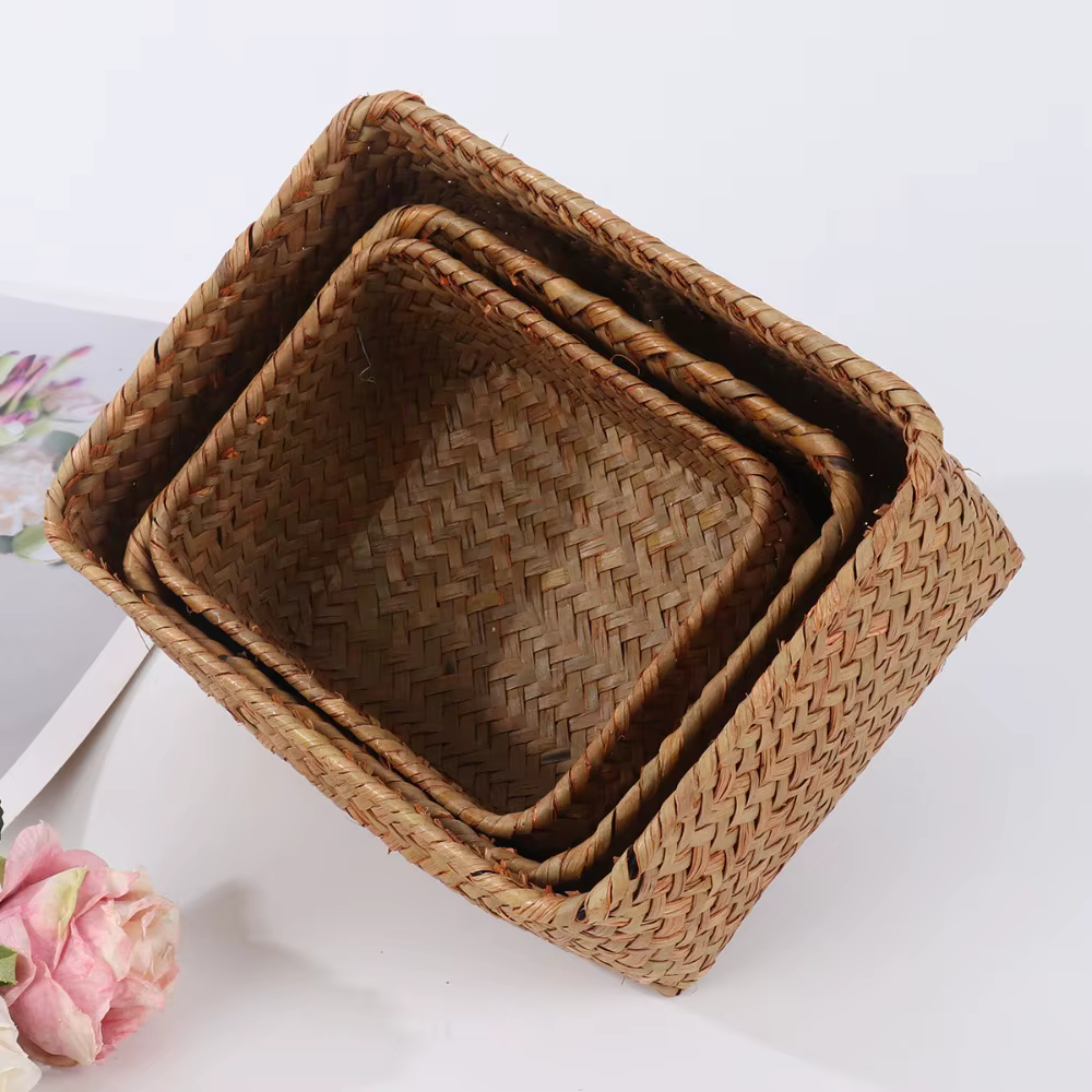 Mir de rangement en jonc de mer tissé à la main, panier en rotin de paille, panier de pique-nique, b