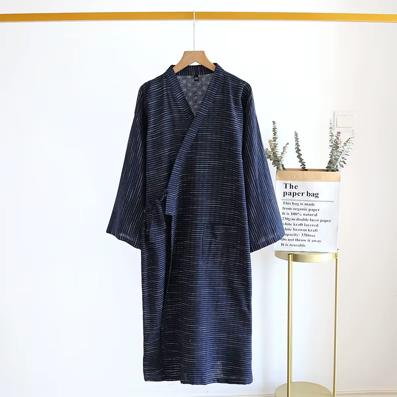 Peignoirs longs en coton pour hommes, Kimono de printemps et d'été, grande taille, rayé, vêtements à