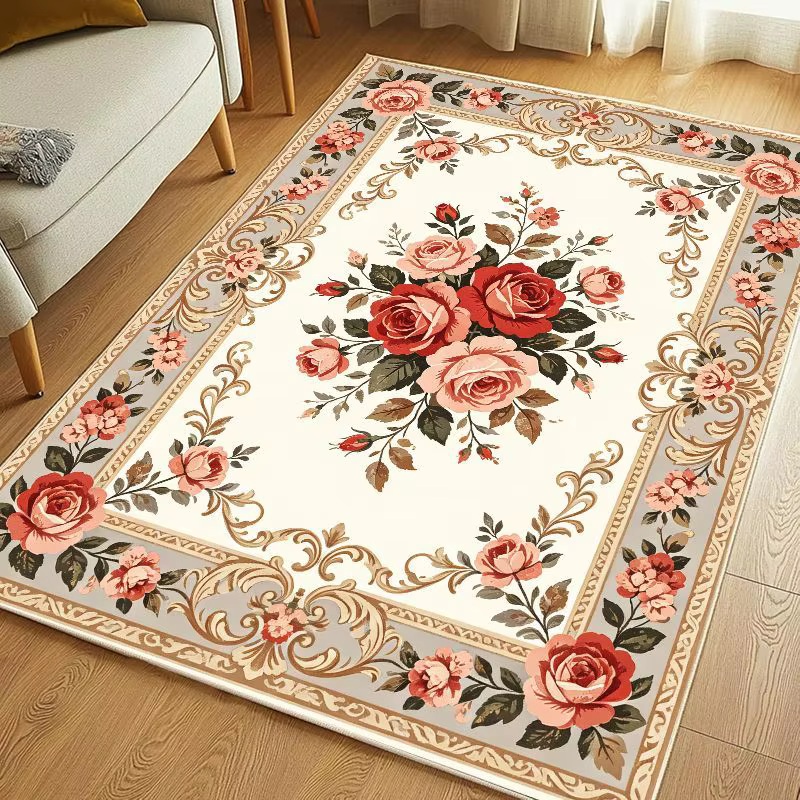 Tapis rétro à fleurs de rose orientale, doux, antidérapant, lavable, pour salon, chambre à coucher, 